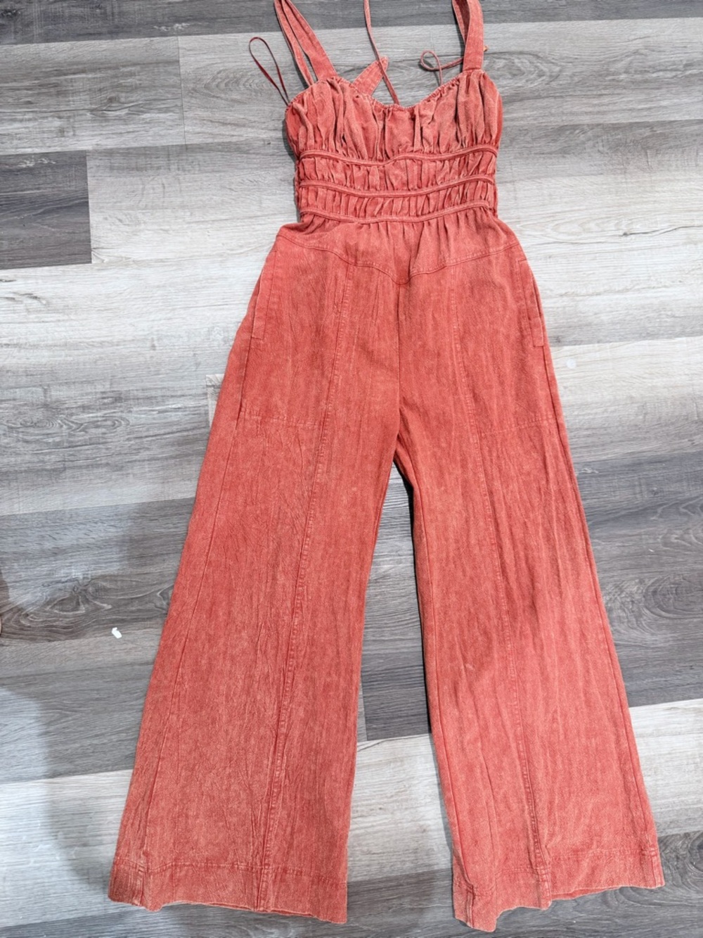 Rust-Orange Smocked Wide-Leg Jumpsuit